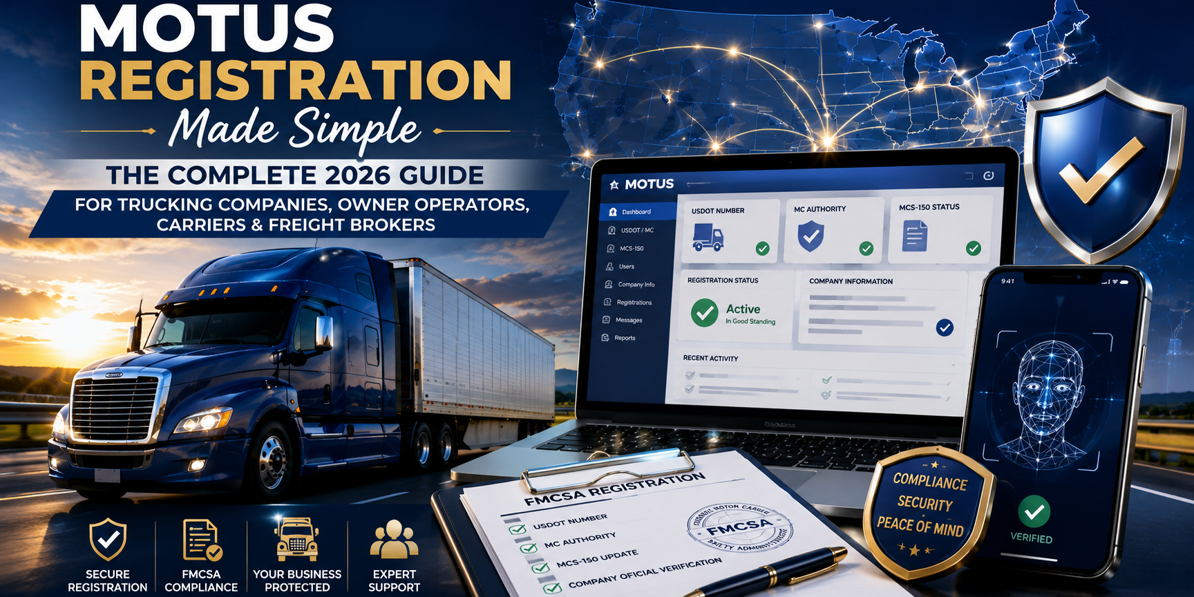 MOTUS Registration Made Simple: Complete 2026 Guide for Trucking Companies MOTUS registration guide for trucking companies showing FMCSA compliance dashboard, semi truck, DOT registration documents, identity verification process, and transportation compliance management.