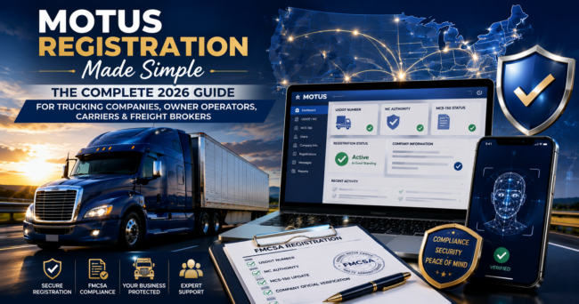 MOTUS Registration Made Simple: Complete 2026 Guide for Trucking Companies MOTUS registration guide for trucking companies showing FMCSA compliance dashboard, semi truck, DOT registration documents, identity verification process, and transportation compliance management.