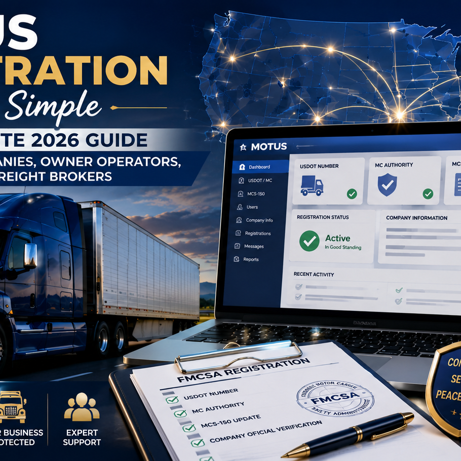 MOTUS Registration Made Simple: Complete 2026 Guide for Trucking Companies MOTUS registration guide for trucking companies showing FMCSA compliance dashboard, semi truck, DOT registration documents, identity verification process, and transportation compliance management.