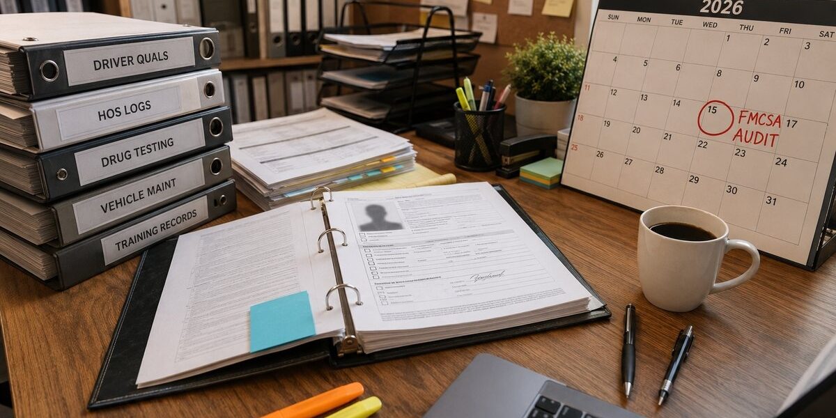 New motor carrier audit preparation — binders labeled DRIVER QUALS, HOS LOGS, DRUG TESTING organized on desk with FMCSA audit date circled on calendar — Ensure Inc. Barrington IL insurance agency