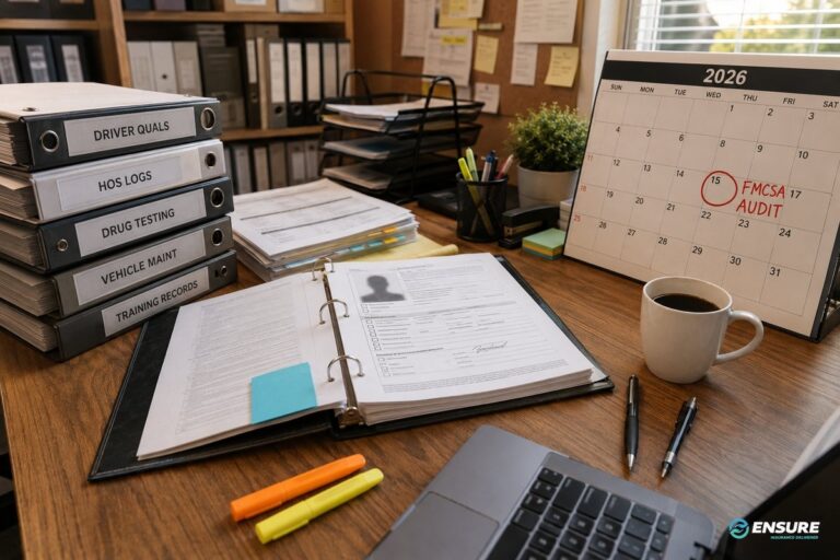 New motor carrier audit preparation — binders labeled DRIVER QUALS, HOS LOGS, DRUG TESTING organized on desk with FMCSA audit date circled on calendar — Ensure Inc. Barrington IL insurance agency