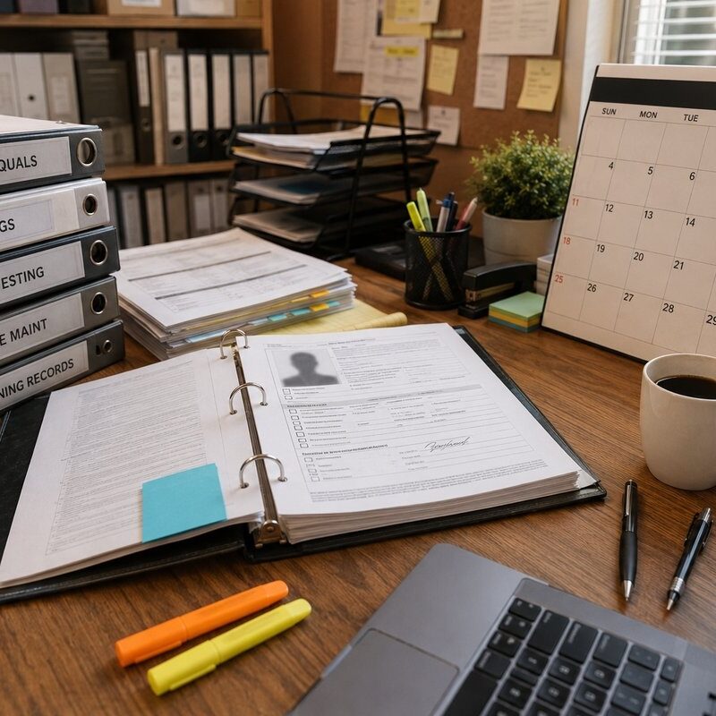 New Entrant Safety Audit FMCSA Prep | Ensure Inc. Barrington IL New motor carrier audit preparation — binders labeled DRIVER QUALS, HOS LOGS, DRUG TESTING organized on desk with FMCSA audit date circled on calendar — Ensure Inc. Barrington IL insurance agency