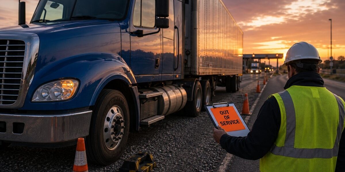 Roadside DOT inspection at dusk with an OUT OF SERVICE sticker on a semi-truck — commercial trucking out-of-service violation guide by Ensure Inc., Barrington IL insurance agency