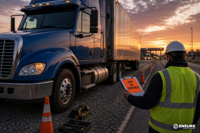Out-of-Service Violation Trucking Guide | Ensure Inc. Barrington IL Roadside DOT inspection at dusk with an OUT OF SERVICE sticker on a semi-truck — commercial trucking out-of-service violation guide by Ensure Inc., Barrington IL insurance agency