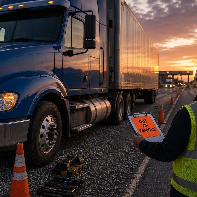 Out-of-Service Violation Trucking Guide | Ensure Inc. Barrington IL Roadside DOT inspection at dusk with an OUT OF SERVICE sticker on a semi-truck — commercial trucking out-of-service violation guide by Ensure Inc., Barrington IL insurance agency