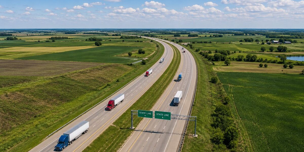 Aerial drone view of an interstate highway crossing a state line with semi-trucks in both directions — Personal Injury Protection PIP insurance for commercial truckers by Ensure Inc., Barrington IL