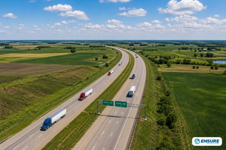 Aerial drone view of an interstate highway crossing a state line with semi-trucks in both directions — Personal Injury Protection PIP insurance for commercial truckers by Ensure Inc., Barrington IL