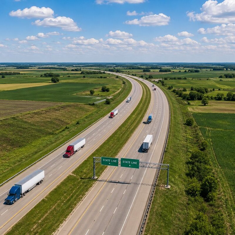 PIP Insurance for Truckers Aerial Highway | Ensure Inc. Barrington IL Aerial drone view of an interstate highway crossing a state line with semi-trucks in both directions — Personal Injury Protection PIP insurance for commercial truckers by Ensure Inc., Barrington IL