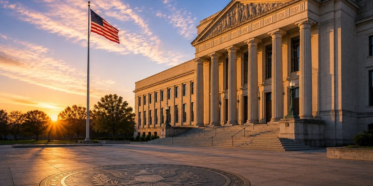 State government administrative building facade at sunrise with warm golden light on limestone columns, empty stone plaza in cool morning shadow — trucking state filings guide Form E Form H BMC-91 SR-22 by Ensure Inc., Barrington IL insurance agency