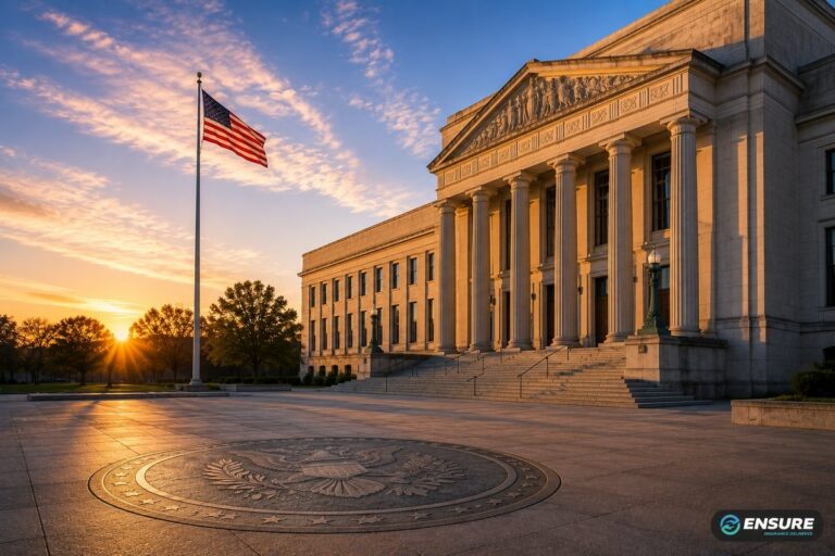 State government administrative building facade at sunrise with warm golden light on limestone columns, empty stone plaza in cool morning shadow — trucking state filings guide Form E Form H BMC-91 SR-22 by Ensure Inc., Barrington IL insurance agency