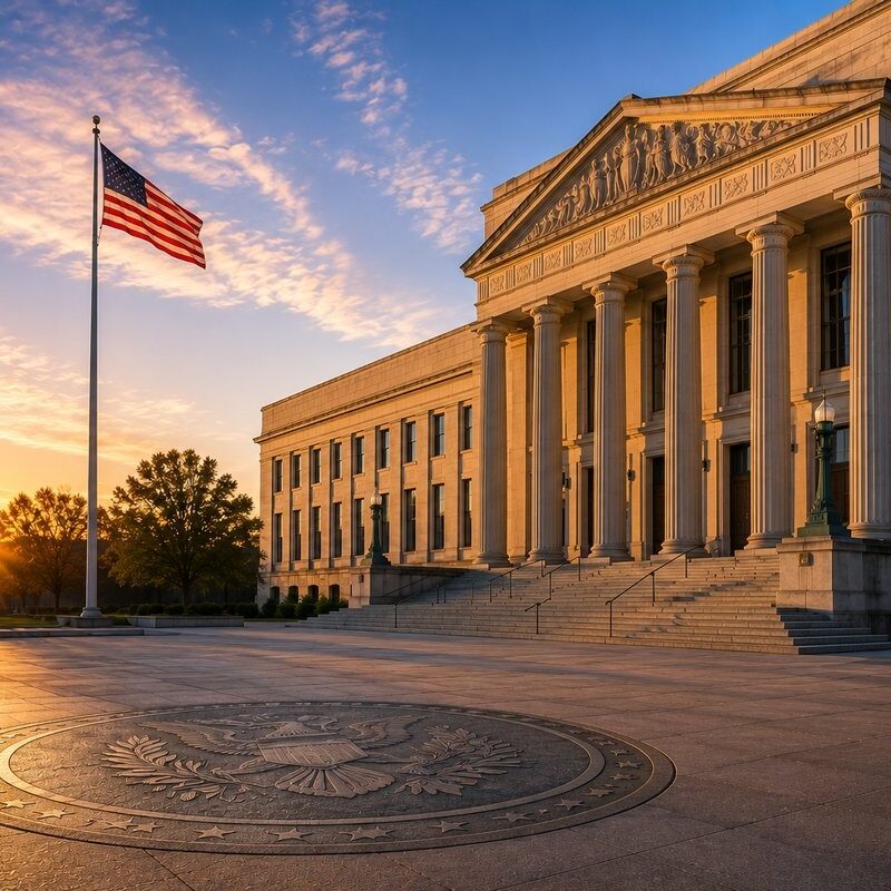 Trucking State Filings Form E H BMC-91 SR-22 | Ensure Inc. Barrington IL State government administrative building facade at sunrise with warm golden light on limestone columns, empty stone plaza in cool morning shadow — trucking state filings guide Form E Form H BMC-91 SR-22 by Ensure Inc., Barrington IL insurance agency