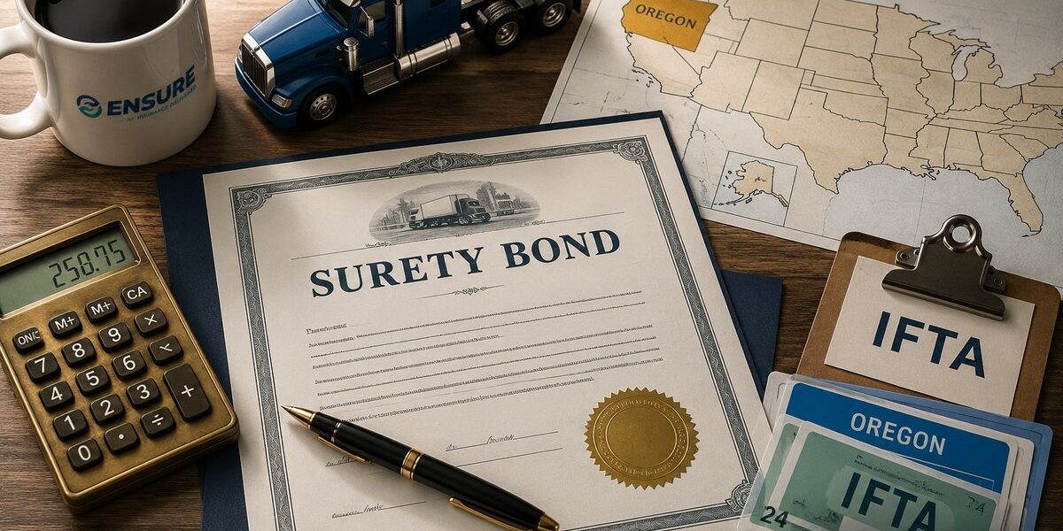 Trucking Bonds Explained: Oregon Highway Tax & IFTA Bonds | Ensure Inc. Barrington IL Trucking bonds guide by Ensure Inc. — Oregon Highway Use Tax bond, IFTA fuel tax bond, and BMC-84 broker bond documents on a dispatcher's desk, Barrington IL insurance agency serving Chicago area truckers