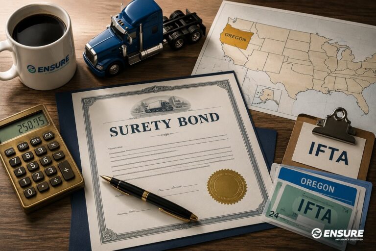 Trucking bonds guide by Ensure Inc. — Oregon Highway Use Tax bond, IFTA fuel tax bond, and BMC-84 broker bond documents on a dispatcher's desk, Barrington IL insurance agency serving Chicago area truckers