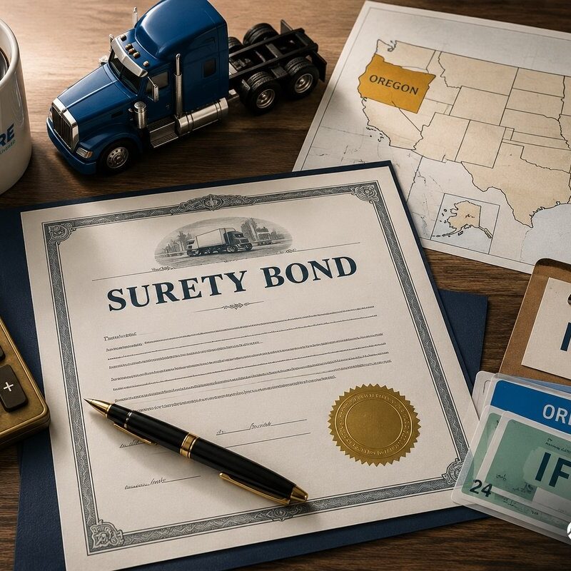 Trucking Bonds Explained: Oregon Highway Tax & IFTA Bonds | Ensure Inc. Barrington IL Trucking bonds guide by Ensure Inc. — Oregon Highway Use Tax bond, IFTA fuel tax bond, and BMC-84 broker bond documents on a dispatcher's desk, Barrington IL insurance agency serving Chicago area truckers