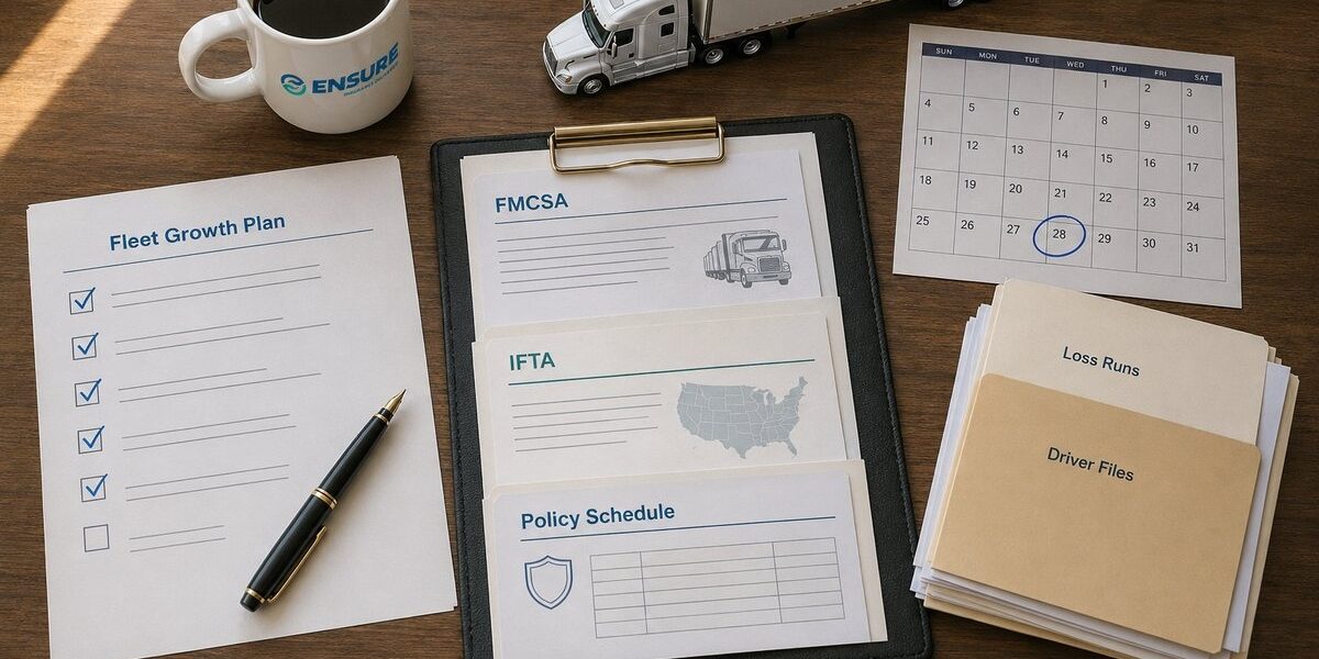 Trucking company growth and fleet insurance guide by Ensure Inc. — motor carrier reviewing MC authority, fleet size, and IFTA records, Barrington IL insurance agency serving Chicago area truckers