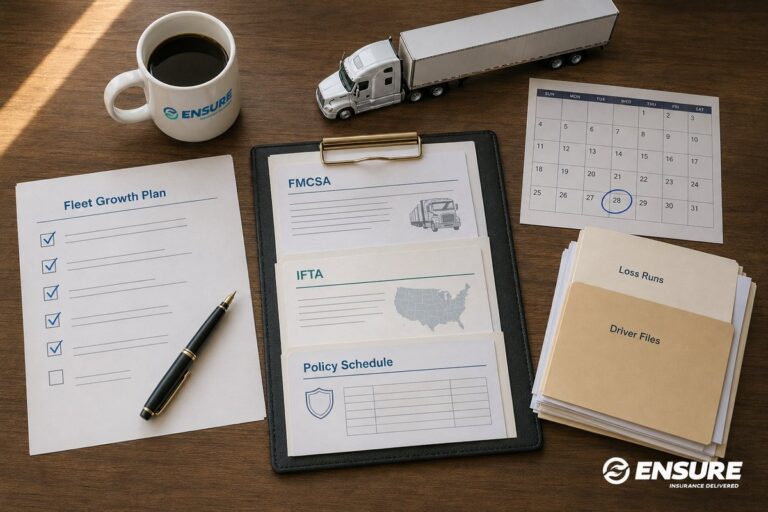 Trucking company growth and fleet insurance guide by Ensure Inc. — motor carrier reviewing MC authority, fleet size, and IFTA records, Barrington IL insurance agency serving Chicago area truckers