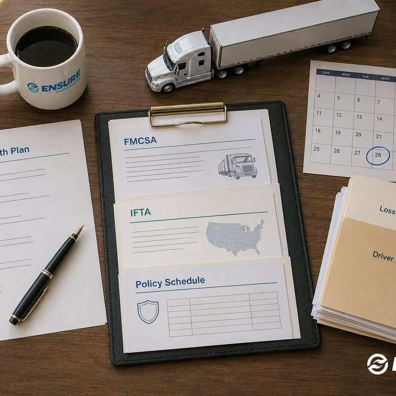 Trucking Company Growth and Fleet Insurance | Ensure Inc. Barrington IL Trucking company growth and fleet insurance guide by Ensure Inc. — motor carrier reviewing MC authority, fleet size, and IFTA records, Barrington IL insurance agency serving Chicago area truckers