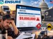 MOTUS $5 million insurance alert on FMCSA Motor Carrier Registration screen with worried trucker reviewing Class 9 hazmat commodity classifications, Federal Motor Carrier Safety Administration building backdrop — insurance change advisory by Your Ensure Inc, Barrington IL trucking insurance agency serving Chicago area motor carriers