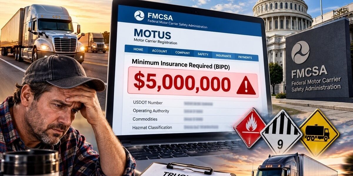 MOTUS $5 Million Insurance Alert: What Motor Carriers Need to Know | Your Ensure Inc Barrington IL MOTUS $5 million insurance alert on FMCSA Motor Carrier Registration screen with worried trucker reviewing Class 9 hazmat commodity classifications, Federal Motor Carrier Safety Administration building backdrop — insurance change advisory by Your Ensure Inc, Barrington IL trucking insurance agency serving Chicago area motor carriers