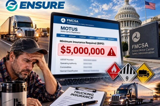 MOTUS $5 Million Insurance Alert: What Motor Carriers Need to Know | Your Ensure Inc Barrington IL MOTUS $5 million insurance alert on FMCSA Motor Carrier Registration screen with worried trucker reviewing Class 9 hazmat commodity classifications, Federal Motor Carrier Safety Administration building backdrop — insurance change advisory by Your Ensure Inc, Barrington IL trucking insurance agency serving Chicago area motor carriers