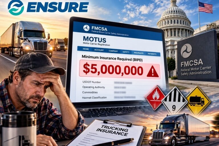 MOTUS $5 Million Insurance Alert: What Motor Carriers Need to Know | Your Ensure Inc Barrington IL MOTUS $5 million insurance alert on FMCSA Motor Carrier Registration screen with worried trucker reviewing Class 9 hazmat commodity classifications, Federal Motor Carrier Safety Administration building backdrop — insurance change advisory by Your Ensure Inc, Barrington IL trucking insurance agency serving Chicago area motor carriers