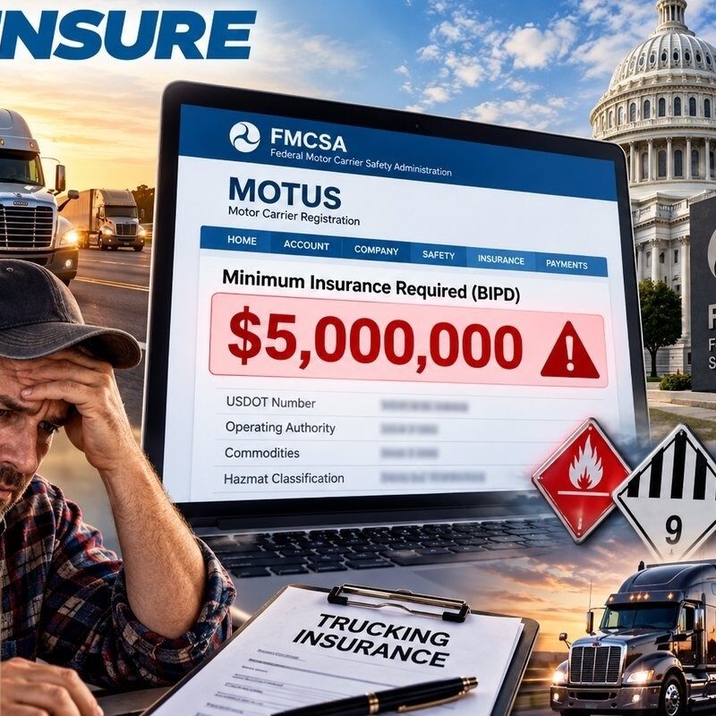 MOTUS $5 Million Insurance Alert: What Motor Carriers Need to Know | Your Ensure Inc Barrington IL MOTUS $5 million insurance alert on FMCSA Motor Carrier Registration screen with worried trucker reviewing Class 9 hazmat commodity classifications, Federal Motor Carrier Safety Administration building backdrop — insurance change advisory by Your Ensure Inc, Barrington IL trucking insurance agency serving Chicago area motor carriers
