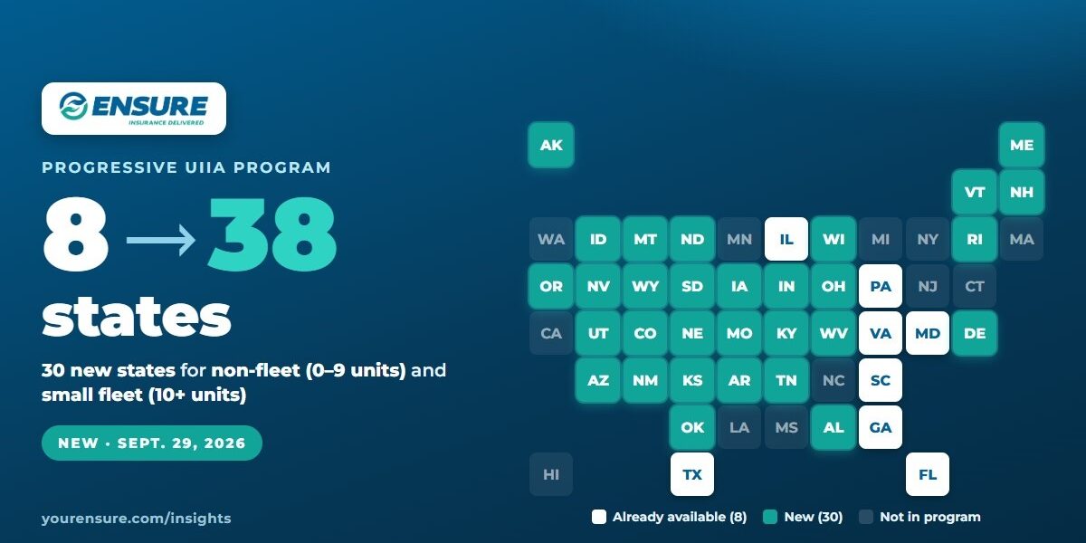Tile-grid map of the United States showing Progressive's UIIA insurance program expanding from 8 to 38 states on September 29, 2026 — news by Your Ensure Inc, Barrington IL trucking insurance agency serving intermodal carriers