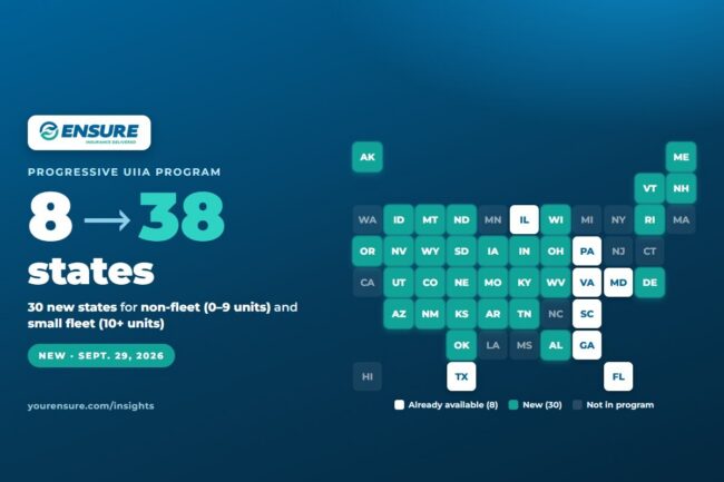 Progressive Expands UIIA Insurance to 38 States: What Intermodal Truckers Need to Know | Your Ensure Inc Barrington IL Tile-grid map of the United States showing Progressive's UIIA insurance program expanding from 8 to 38 states on September 29, 2026 — news by Your Ensure Inc, Barrington IL trucking insurance agency serving intermodal carriers