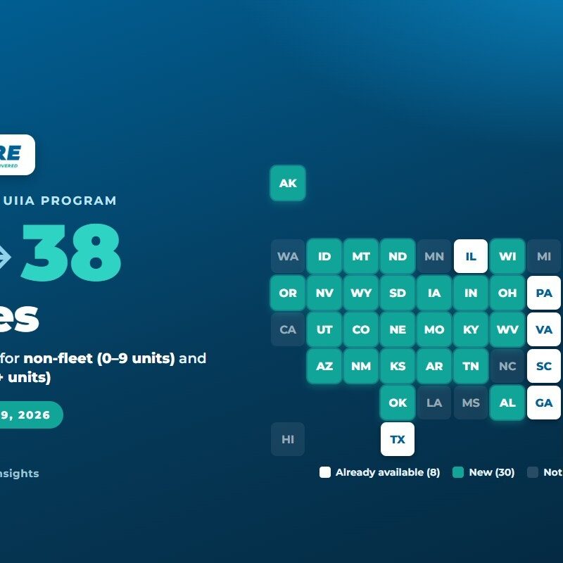 Progressive Expands UIIA Insurance to 38 States: What Intermodal Truckers Need to Know | Your Ensure Inc Barrington IL Tile-grid map of the United States showing Progressive's UIIA insurance program expanding from 8 to 38 states on September 29, 2026 — news by Your Ensure Inc, Barrington IL trucking insurance agency serving intermodal carriers