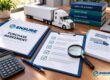 Buying an existing trucking company: buyer and insurance advisor reviewing compliance records beside a full-size semi-truck in a Chicago-area fleet yard branded in Ensure Inc. blue and teal
