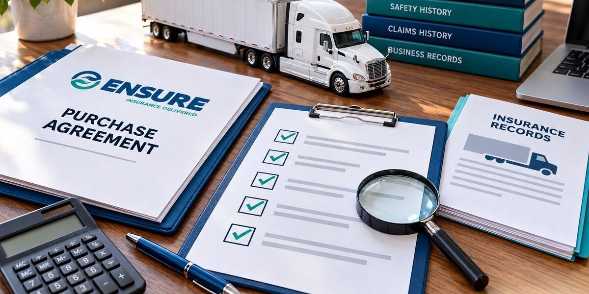 Buying an Existing Trucking Company? Check These Records Before You Sign | Your Ensure Inc Barrington IL Buying an existing trucking company: buyer and insurance advisor reviewing compliance records beside a full-size semi-truck in a Chicago-area fleet yard branded in Ensure Inc. blue and teal
