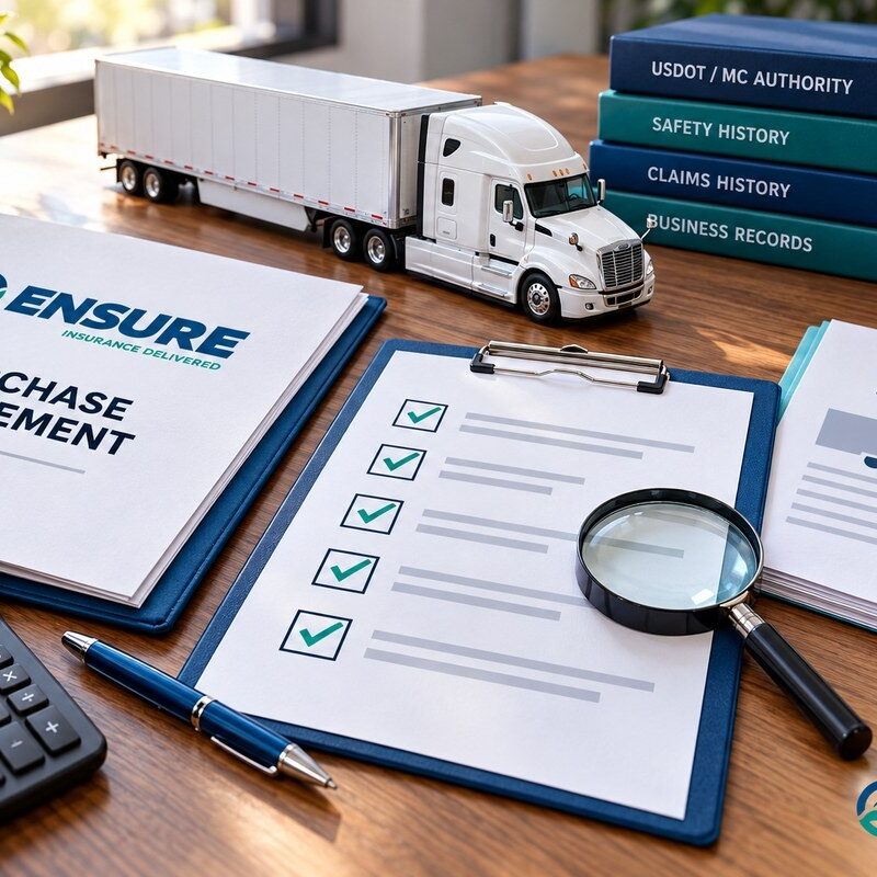 Buying an Existing Trucking Company? Check These Records Before You Sign | Your Ensure Inc Barrington IL Buying an existing trucking company: buyer and insurance advisor reviewing compliance records beside a full-size semi-truck in a Chicago-area fleet yard branded in Ensure Inc. blue and teal