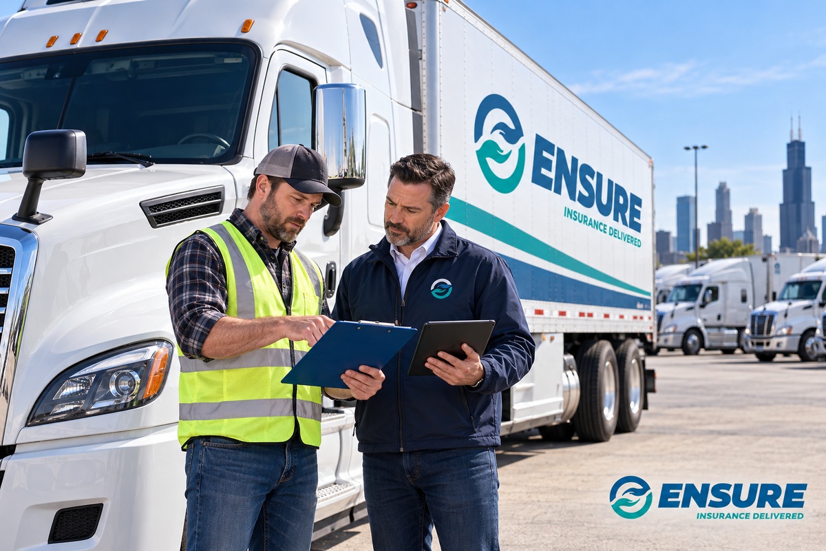 Buying an existing trucking company: buyer and insurance advisor reviewing compliance records beside a full-size semi-truck in a Chicago-area fleet yard branded in Ensure Inc. blue and teal
