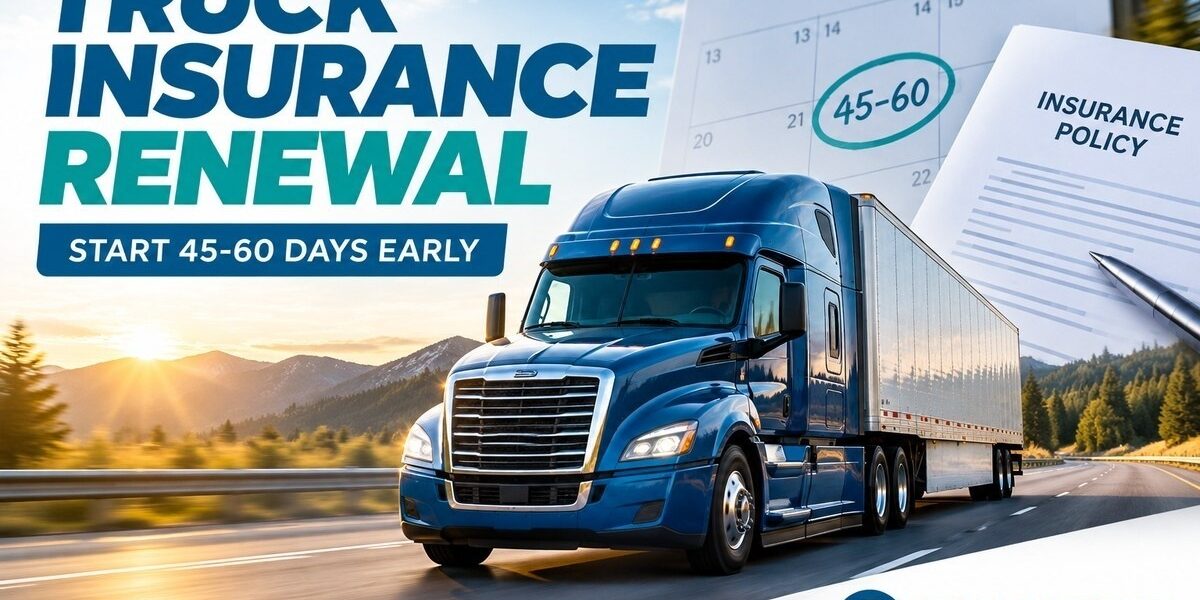 Commercial Truck Insurance Renewal: A 60-Day Checklist for Motor Carriers | Your Ensure Inc Barrington IL Commercial truck insurance renewal checklist showing a semi-truck, policy document and 45-60 day calendar reminder by Ensure Inc. in Barrington IL