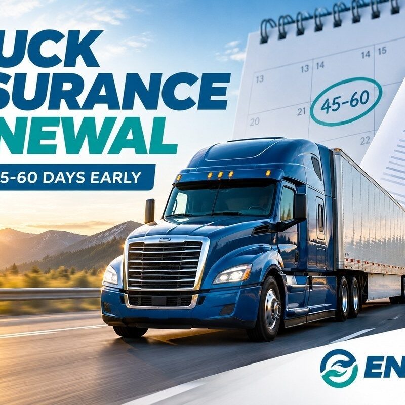 Commercial Truck Insurance Renewal: A 60-Day Checklist for Motor Carriers | Your Ensure Inc Barrington IL Commercial truck insurance renewal checklist showing a semi-truck, policy document and 45-60 day calendar reminder by Ensure Inc. in Barrington IL
