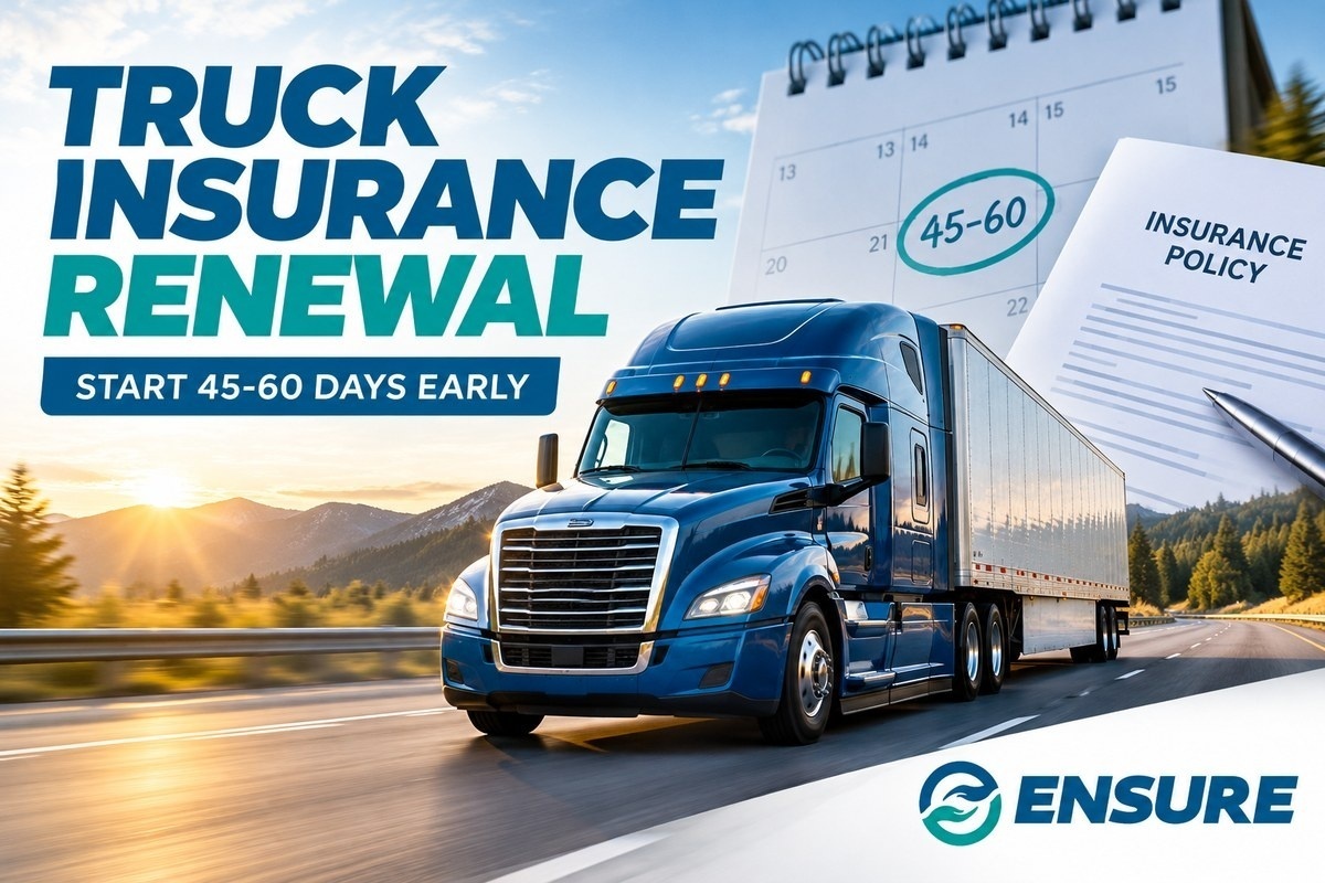 Commercial truck insurance renewal checklist showing a semi-truck, policy document and 45-60 day calendar reminder by Ensure Inc. in Barrington IL