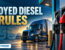 Editorial illustration of a semi-truck by clear and red diesel pumps for the 2026 dyed diesel executive order report