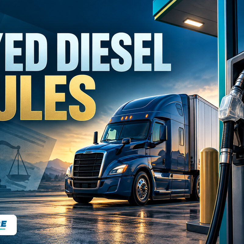 Dyed Diesel Executive Order: What Truckers Need to Know | Ensure Inc. Editorial illustration of a semi-truck by clear and red diesel pumps for the 2026 dyed diesel executive order report