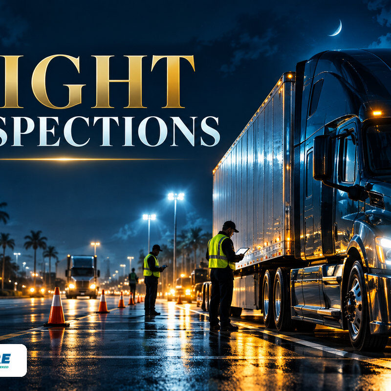 FMCSA Night Inspections: 78 Drivers Out of Service | Ensure Inc. Editorial illustration of a commercial truck at a nighttime safety inspection; not a photograph of the FMCSA operation